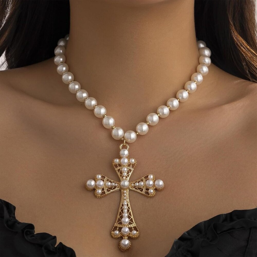 Women Punk Pearl Cross Necklace - Chunky Gothic Punk Vintage Cross Jewelry - Picture 2 of 8